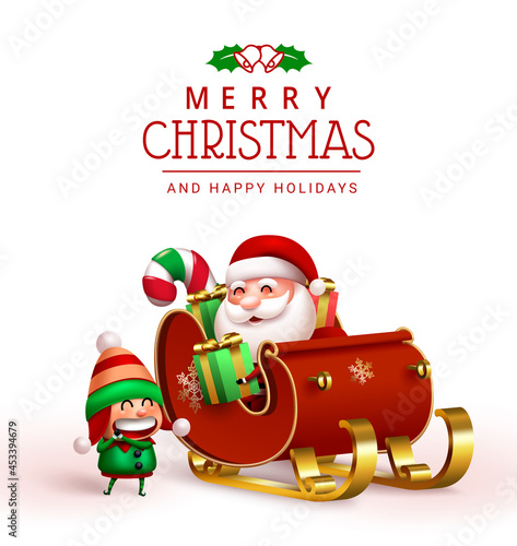 Christmas characters vector design. Merry christmas greeting text with santa claus riding sleigh and giving gift to elf character for xmas celebration card. Vector illustration.

