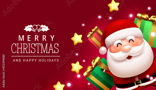 Christmas santa vector background design. Merry christmas text in red space with santa claus character and xmas gifts elements for happy holiday greeting. Vector illustration.
