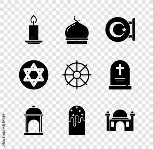 Set Burning candle, Muslim Mosque, Star crescent, Easter cake, of David and Dharma wheel icon. Vector