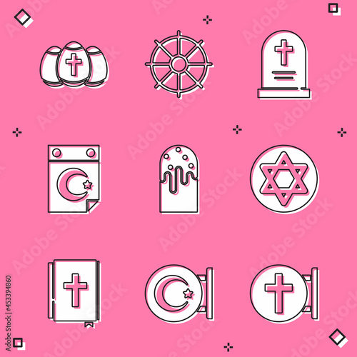 Set Easter egg, Dharma wheel, Tombstone with cross, Star and crescent, cake, of David, Holy bible book and icon. Vector