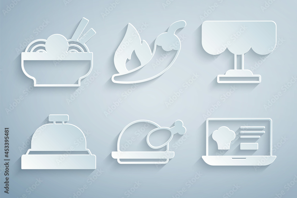 Set Roasted turkey or chicken, Wooden table, Hotel service bell, Online ordering and delivery, chili pepper pod and Asian noodles bowl icon. Vector
