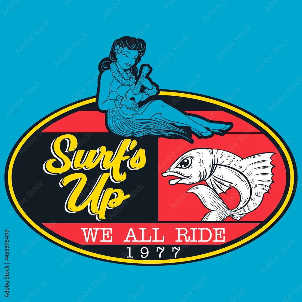 Obraz premium surf style print with hawaiian woman and text blue background