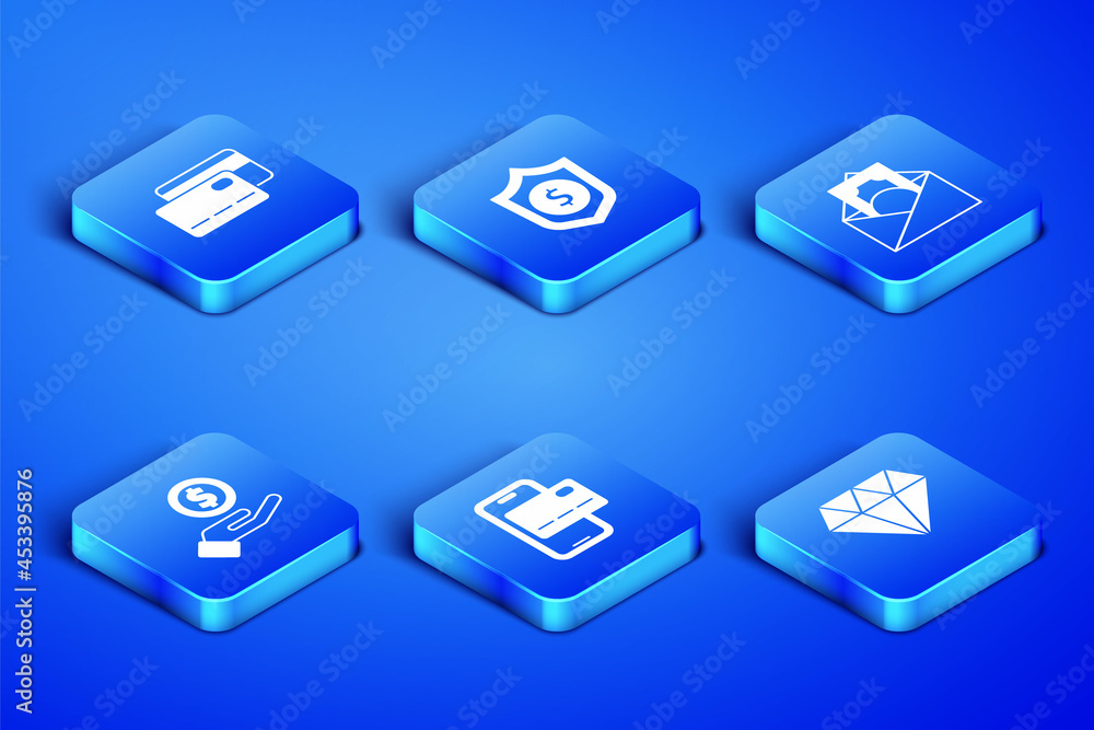 Set Diamond, Credit card, Mobile banking, Hand giving money, Shield with dollar and Envelope symbol icon. Vector Set Diamond, Credit card, Mobile banking, Hand giving money, Shield with dollar and Envelope symbol icon. Vector