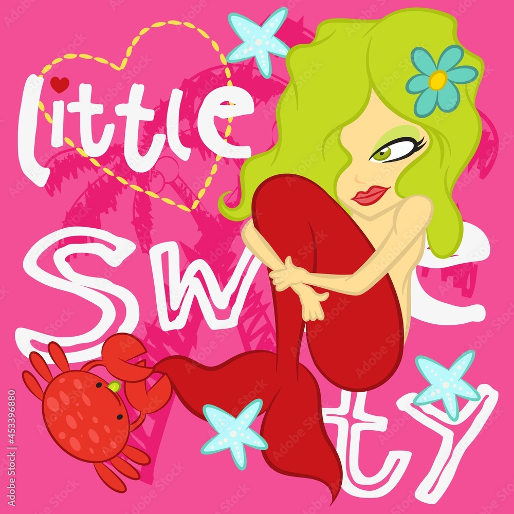cartoon happy mermaid and starfish text and palm tree pink background cartoon happy mermaid and starfish text and palm tree pink background
