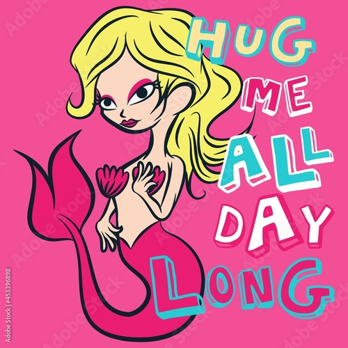 cartoon happy mermaid text and pink background