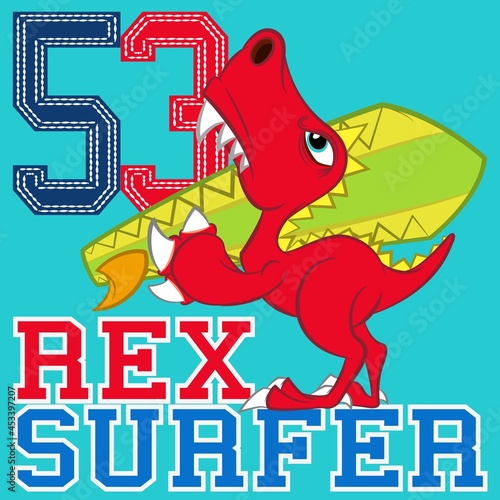 funny cartoon Rex dinosaur with surfboard, text and number with blue background