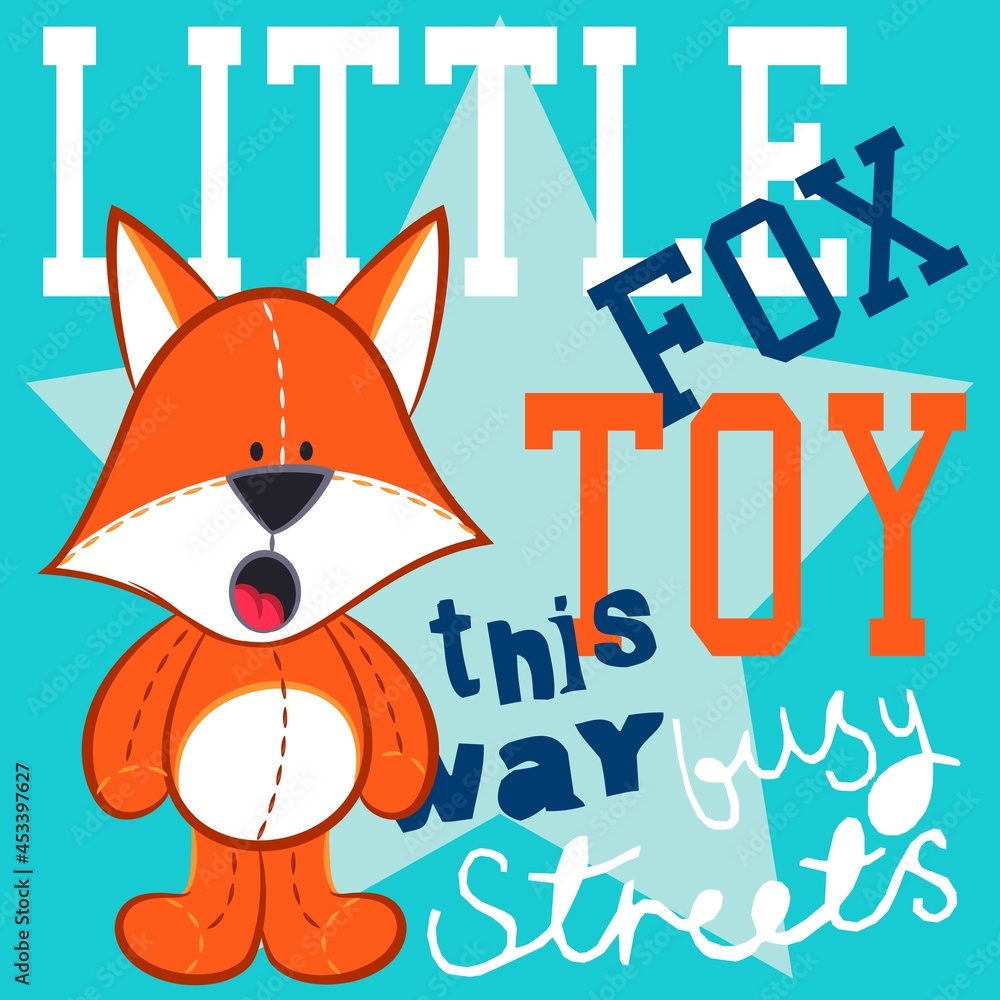 cute fox print text little toy fox and blue background