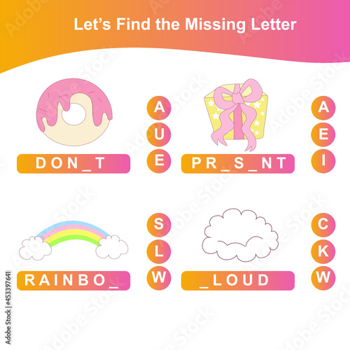 Find the missing letter of the Unicorn game for Preschool. Missing letters of unicorn game and write them in the appropriate places. Educational spelling printable game worksheet. Vector illustration.