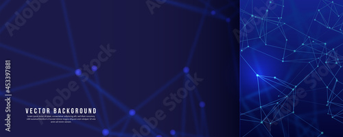 Abstract mesh in plexus style. Blurred backdrop. Connected lines with glowing dots. Banner in dark blue color. Vector illustration.