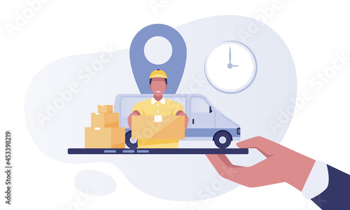 Delivery service concept, courier with delivery car, hand holding smartphone with location.