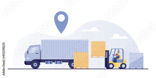 Forklift loading pallet boxes into truck.