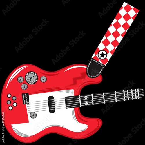 red guitar print on black background