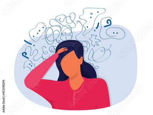 woman suffers from obsessive thoughts; headache; unresolved issues; psychological trauma; depression.Mental stress panic mind disorder illustration Flat vector illustration.