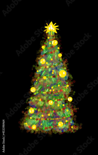 Golden star and balls, Christmas tree. Xmas decor