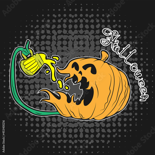 pumpkin lantern character drinking beer on a black isolated background drawing
