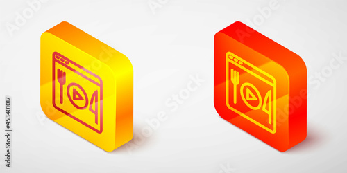 Isometric line Cooking live streaming icon isolated on grey background. Yellow and orange square button. Vector