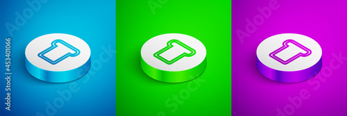 Isometric line Bread toast for sandwich piece of roasted crouton icon isolated on blue, green and purple background. Lunch, dinner, breakfast snack. White circle button. Vector