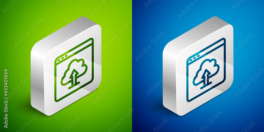 Isometric line Cloud upload icon isolated on green and blue background. Silver square button. Vector Isometric line Cloud upload icon isolated on green and blue background. Silver square button. Vector
