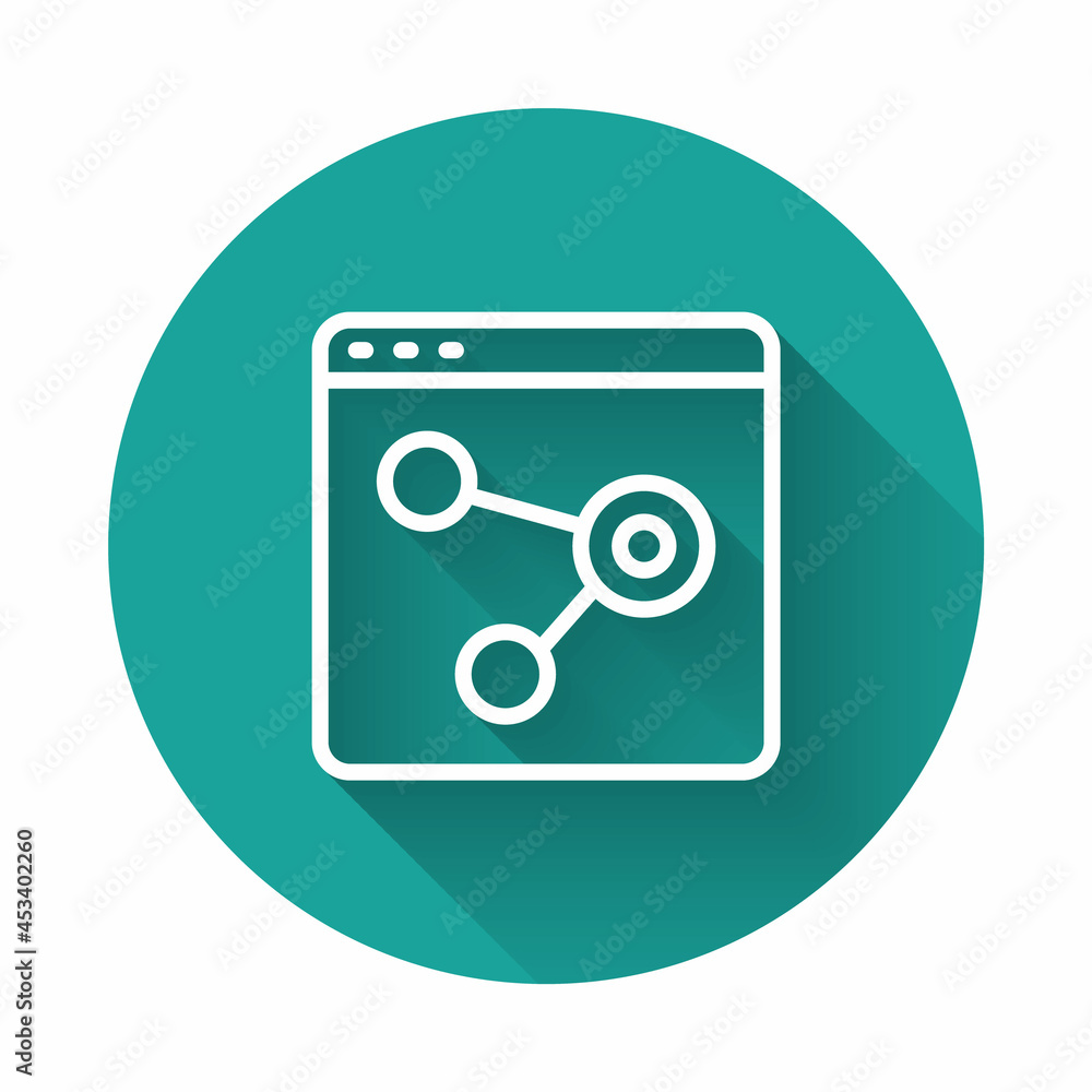 White line Browser window icon isolated with long shadow background. Green circle button. Vector White line Browser window icon isolated with long shadow background. Green circle button. Vector