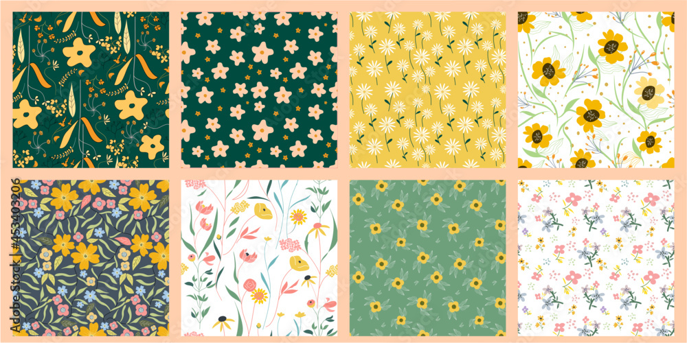 Set of Flowers Vector Seamless Pattern. Ditsy style. Pattern for fashion and print. 