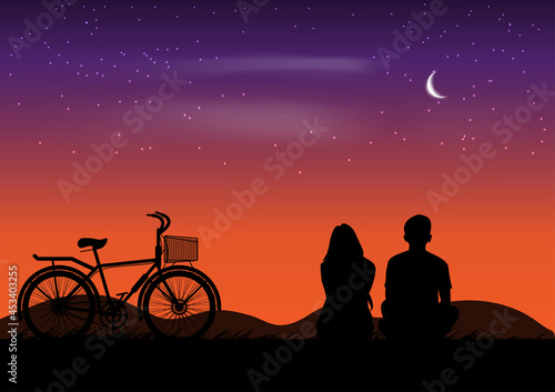 graphics drawing couple sit and view nature landscape silhouette after sunset for wallpaper background vector illustration