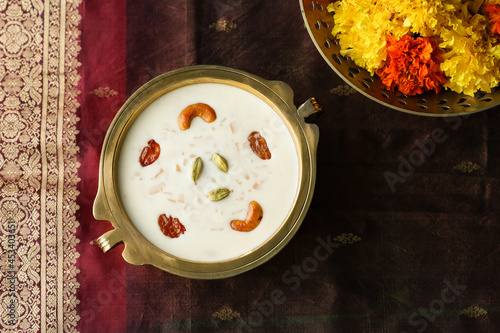 Rice Kheer Indian Sweet Payesh, Onam Payasam, Phirni dessert Mumbai, Kerala, India mithai festival sweet dish Diwali, Dussehra, Holi ganesh chaturthi, Ram navami, Durga pooja, durga ashtami ,Navratri. photo