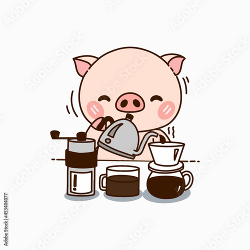 Cute pig making coffee cartoon, vector illustration
