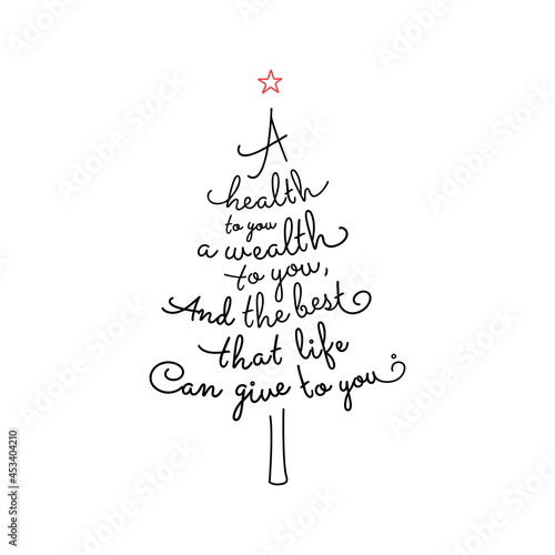Black-white drawing of a Christmas tree from letters. Red star as a decoration on a greeting card. Doodle poster happy new year.