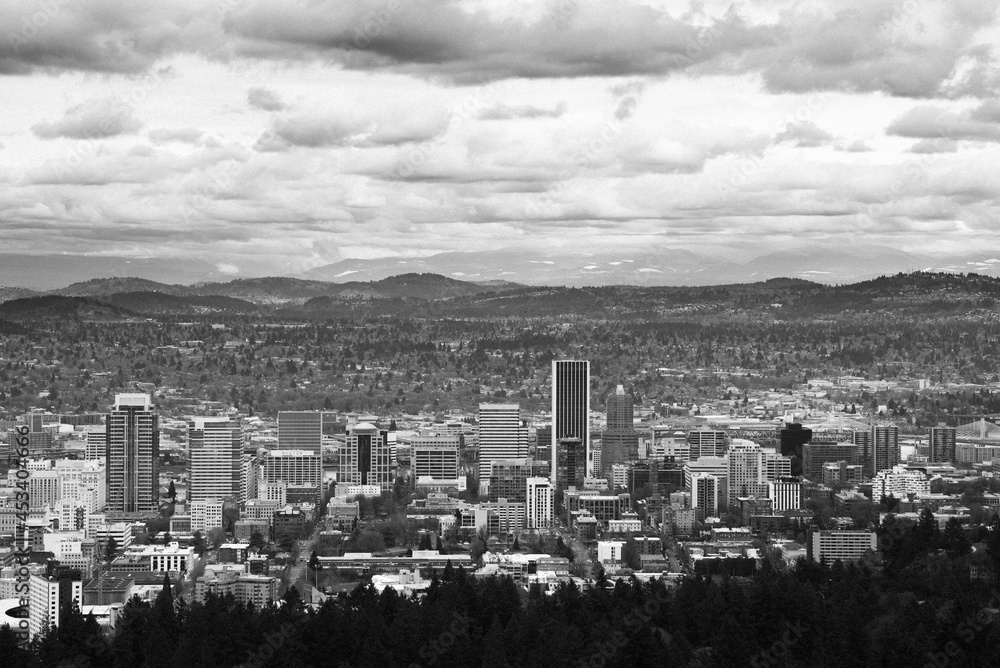 Black and white, cloudy, view of Portland, Oregon.