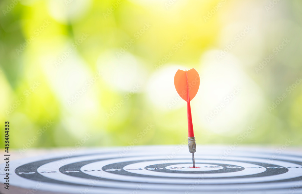 Close up bullseye or dart board has dart arrow hitting the center with nature backgrounds, business concepts. Close up bullseye or dart board has dart arrow hitting the center with nature backgrounds, business concepts.