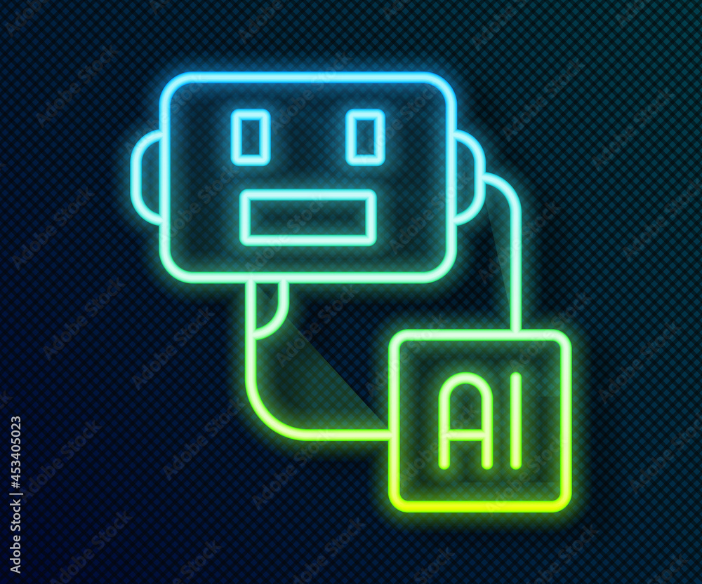 Glowing neon line Artificial intelligence robot icon isolated on black background. Machine learning, cloud computing. Vector Glowing neon line Artificial intelligence robot icon isolated on black background. Machine learning, cloud computing. Vector