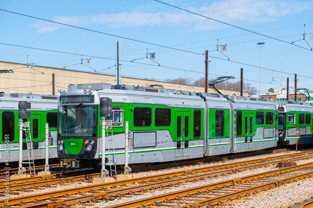 Boston Metro MBTA Green Line Type 9 modern fleet by CAF USA at Riverside terminal station, Newton, Massachusetts MA, USA.
