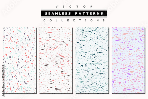 Colorful venetian terrazzo imitation seamless pattern. Realistic marble texture with stone fragments. Modern minimalistic floor tile for interior decoration. Trendy abstract vector illustration.