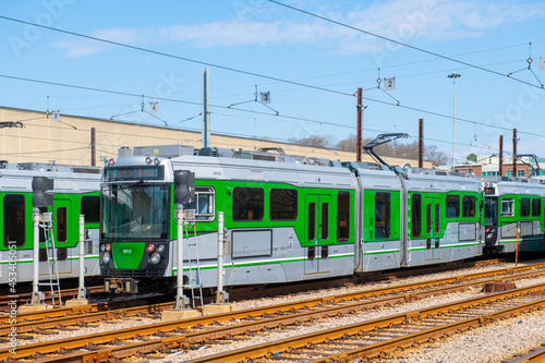 Boston Metro MBTA Green Line Type 9 modern fleet by CAF USA at Riverside terminal station, Newton, Massachusetts MA, USA. © Wangkun Jia