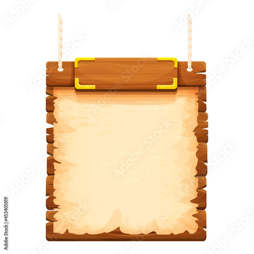 Wood frame, banner with gold details, old parchment and rope in cartoon style isolated on white background. Ancient signboard. Ui game asset