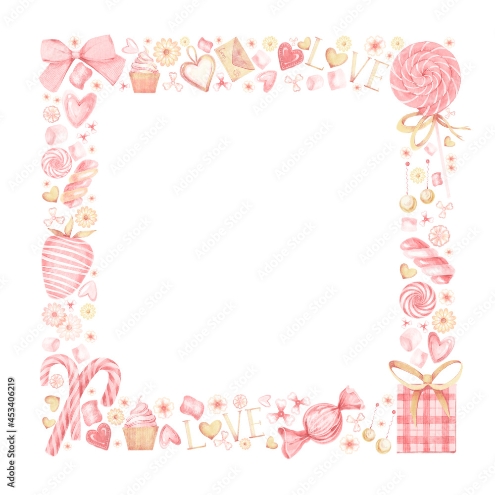 Watercolor square frame with pink and gold set of elements for Valentine's day. Sweets, hearts, jewellery, bows, flowers, garlands, gifts isolated on white background. Watercolor square frame with pink and gold set of elements for Valentine's day. Sweets, hearts, jewellery, bows, flowers, garlands, gifts isolated on white background.
