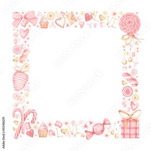 Watercolor square frame with pink and gold set of elements for Valentine's day. Sweets, hearts, jewellery, bows, flowers, garlands, gifts isolated on white background.