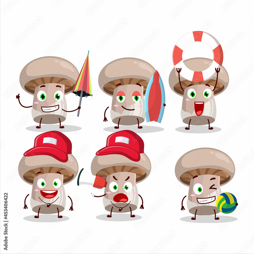 Happy Face portobelo cartoon character playing on a beach Happy Face portobelo cartoon character playing on a beach