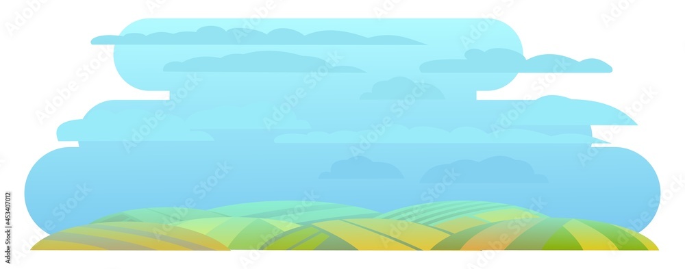 Rural hills. Farm cute landscape. Funny cartoon design illustration. Flat style. Isolated on white background. Summer sky. Foggy distance. Vector