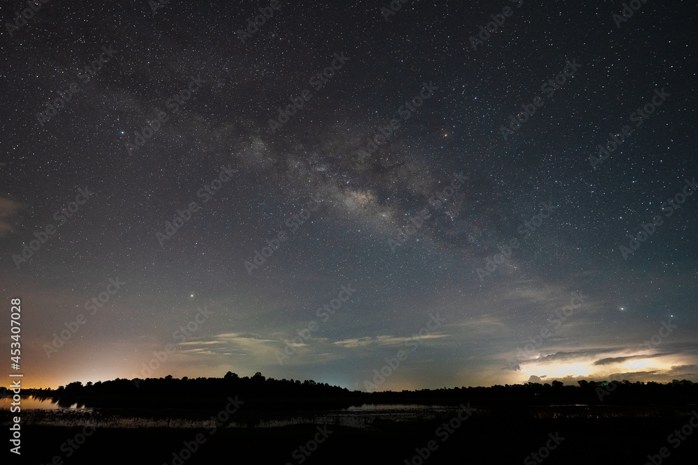 beautiful, wide blue night sky with stars and Milky way galaxy. Astronomy, orientation, cloud sky concept, and background.
