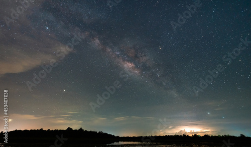 beautiful, wide blue night sky with stars and Milky way galaxy. Astronomy, orientation, cloud sky concept, and background. © frank29052515