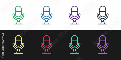 Set line Microphone voice device icon isolated on black and white background. Microphone interpreter and alphabet letters. Vector