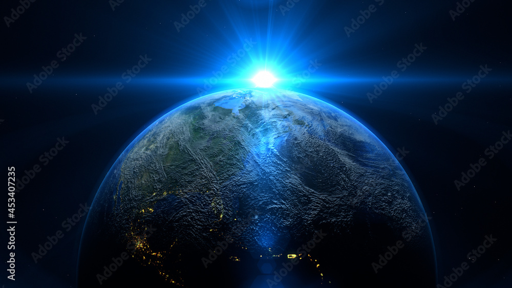 Blue sunrise and shadow on the earth rotate in space with star in universe. World realistic atmosphere 3D volumetric clouds texture surface.  Elements of this image are furnished by NASA