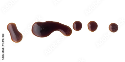 Soy sauce isolated on a white background. Balsamic vinegar, Teriyaki, Oyster sauce puddles