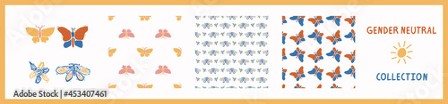 Whimsical style block print shape butterfly pattern set. Seamless lino cut retro all over print collection. Trendy playful baby nursery decor, scandi fashion, decorative lino cut. Vector swatch. 