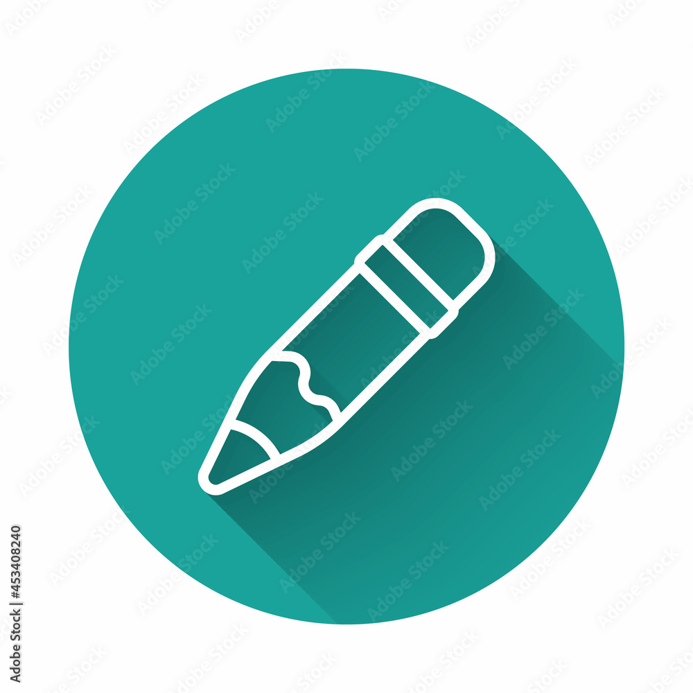 White line Pencil with eraser icon isolated with long shadow background. Drawing and educational tools. School office symbol. Green circle button. Vector White line Pencil with eraser icon isolated with long shadow background. Drawing and educational tools. School office symbol. Green circle button. Vector
