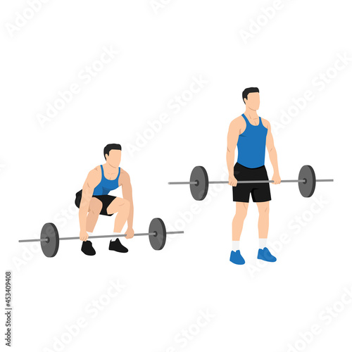 Man doing Barbell deadlifts exercise. Flat vector illustration isolated on white background