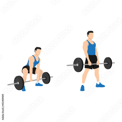 Man doing Sumo Barbell deadlifts exercise. Flat vector illustration isolated on white background