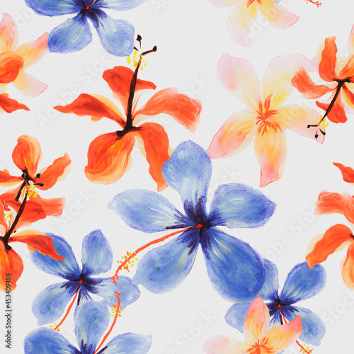 Azure Tropical Foliage. White Seamless Leaves. Gray Pattern Hibiscus. Red Flower Plant. Blue Spring Background. Flora Painting. Decoration Illustration. Flora Vintage.