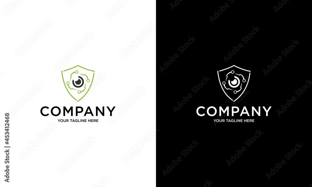 Abstract Eyes Logo Design. Green shield security camera icon. Can be used for Business and Technology Logos. Flat Vector Logo Design Template Elements.
